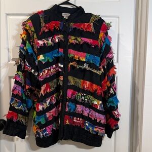 Women "JA Resorts" blk w/ multicolored cloth swatches, zip up jacket. Size 2X